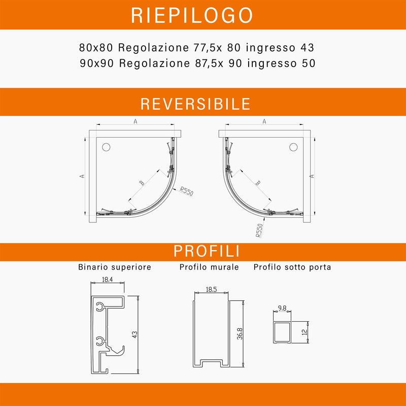 Box Doccia Semicircolare 2 Ante Scorrevoli in Cristallo Trasparente 6mm H195 Bonussi Lucy Varie Misure