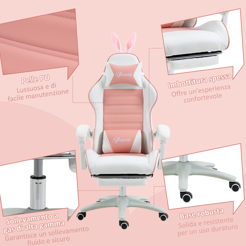 Sedia Gaming Ergonomica 65x63x136-142A cm con Orecchie in Finta Pelle Rosa  