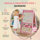 Lavagna per Bambini 3 in 1 54x46x94 cm con Cavalletto Rotolo di Carta e 2 Cestelli in Legno Rosa  