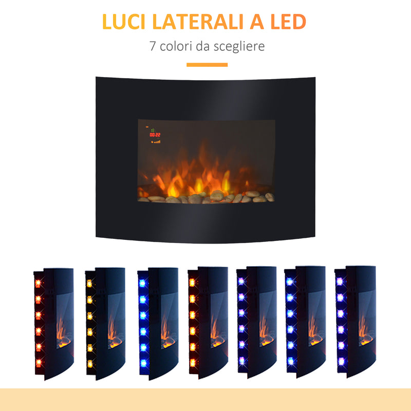 Camino Elettrico da Parete con 2 Livelli di Riscaldamento 900-1800W Fiamma 7 Colori e Telecomando Nero   