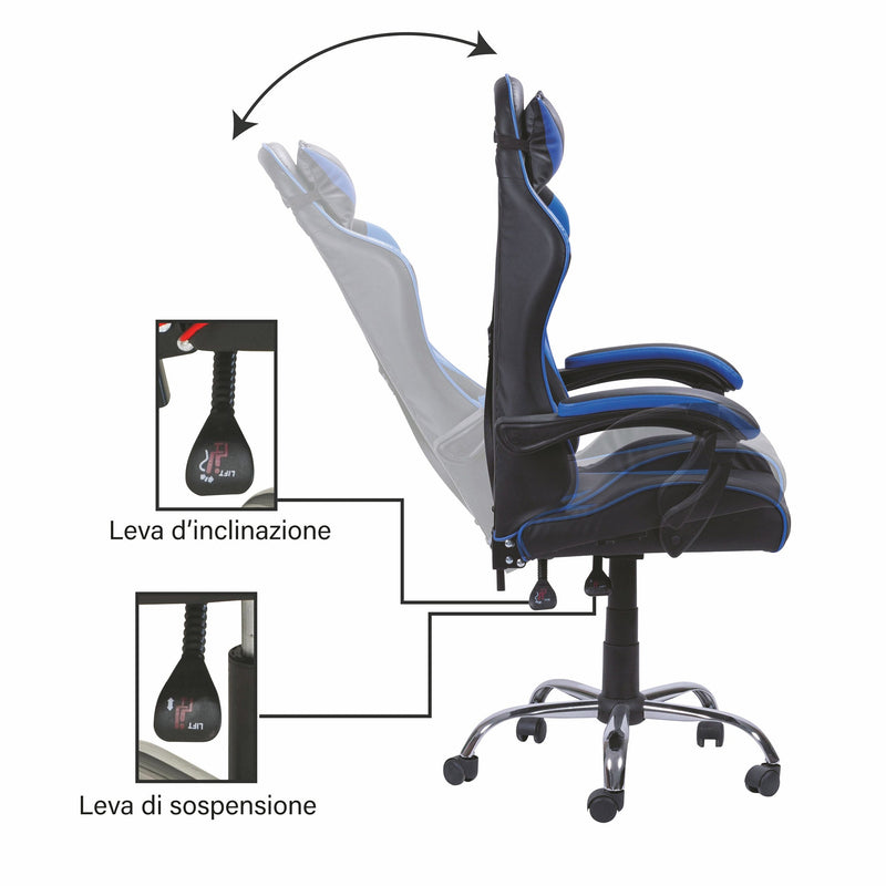 Sedia da Gaming 61x56x123 cm in Similpelle Nera e Blu