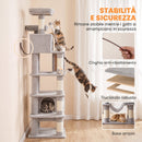 Tiragraffi per Gatti Grande Multilivello 60x48x204 cm con 8 Pali in Sisal 2 Casette e Amaca in Truciolare e Peluche Grigio Chiaro      