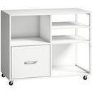 Mobile Porta Stampante 80x40x65,5 cm con Ruote e Cassetto A4 in Legno e Metallo Bianco      
