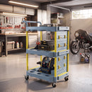 Carrello Portautensili a 3 Ripiani 64x48x95,5 cm con Pannello Forato Ganci Ruote a Freno e Maniglia in PP e Alluminio Grigio e Giallo      