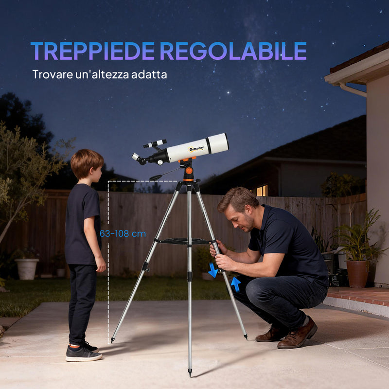  Telescopio Astronomico 80mm con Montatura AZ, 2 Lenti Oculari e Adattatore Smartphone, 92x92x130 cm, Bianco e Nero      