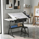 Tavolo da Disegno Regolabile 120x60x92 cm Scrivania e Sgabello per Disegno in MDF Metallo e PU Bianco      