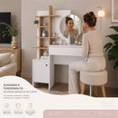 Toeletta Trucco 105x35x151 cm Postazione Make Up con Specchio Rotondo Bianco e Mensole Quercia      