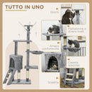 Albero Tiragraffi con Casetta e Piattaforme in Peluche 50x35x134,2 cm Trespoli e Giochi in Truciolato Peluche e Sisal Grigio  