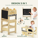 Torre Montessoriana per Bambini 2-5 Anni 3 in 1 Pieghevole 57x39x93 cm con Lavagna Tavolo e Sedia a Forma di Gatto in Compensato      