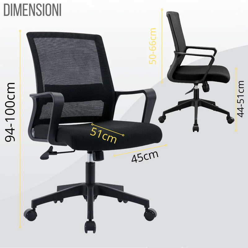 Sedia Operativa da Ufficio 45x51x94/100h cm Ergonomica con Supporto Lombare Nera