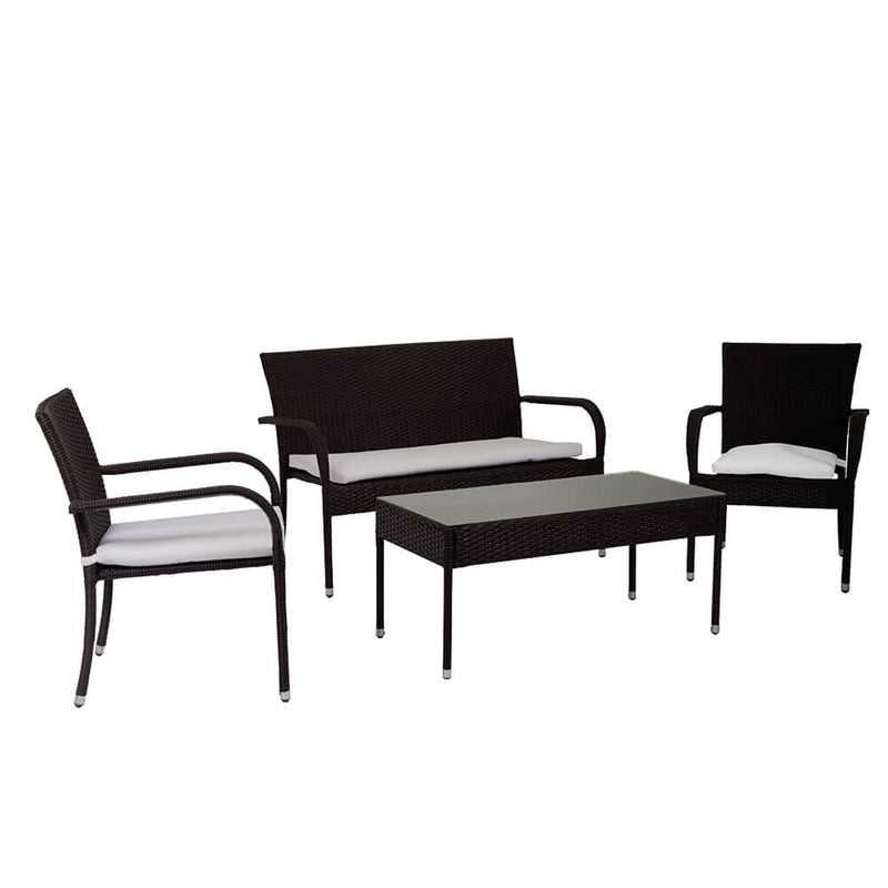 Set Salotto da Giardino Tavolino Divano 2 Sedie in Polyrattan con Cuscini Melbourne Noce