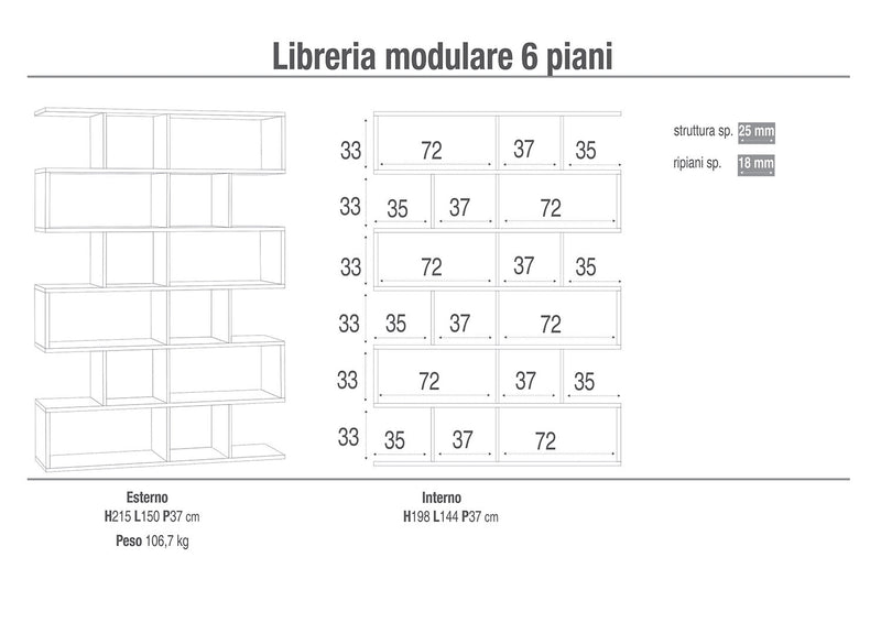 Libreria Modulare 6 Ripiani 150x215x38 cm Ossido Bianco/Cemento