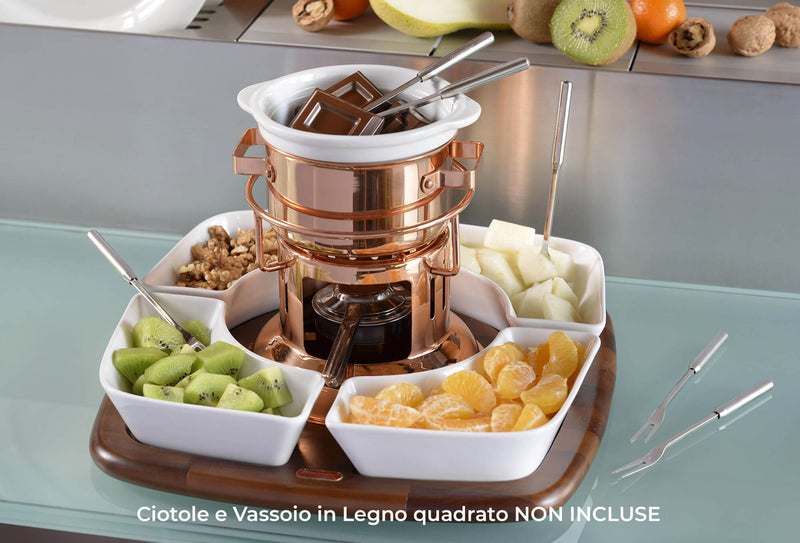 Cioccolatiera in Rame con 6 Forchettine e Base in Legno Alexander