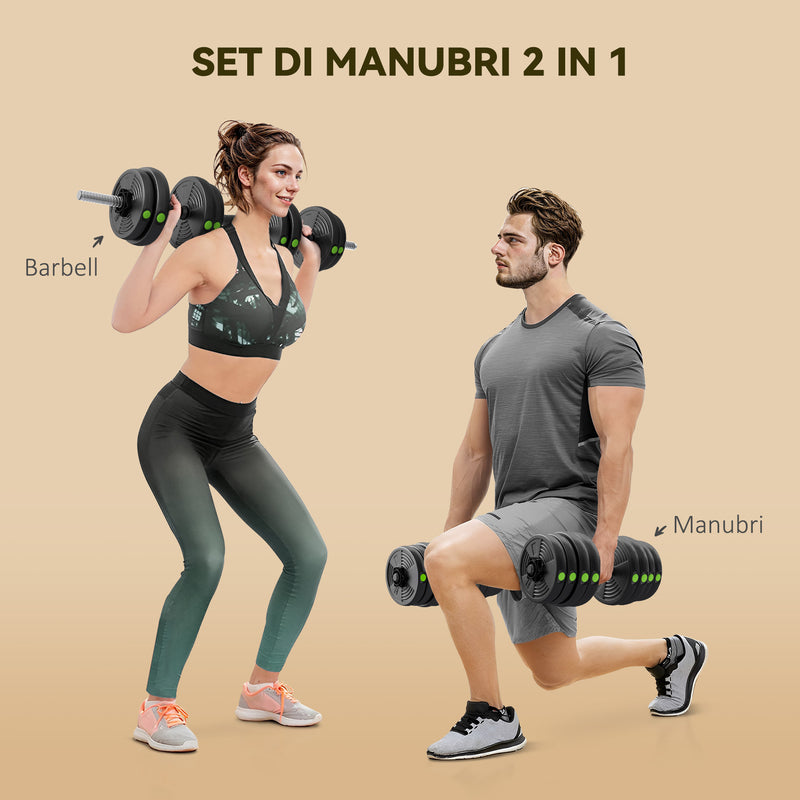 Set 2 in 1 con 2 Manubri Convertibili in Bilanciere Peso Totale 30 kg e Dischi Pesi Regolabili Nero      