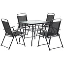 Set Tavolo e 4 Sedie da Giardino Pieghevoli in Metallo e Vetro Temperato Nero
