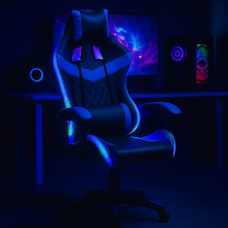 Sedia da Gaming con Led RGB Altezza Regolabile 106-116 cm in Pelle PU Blu e Nero  