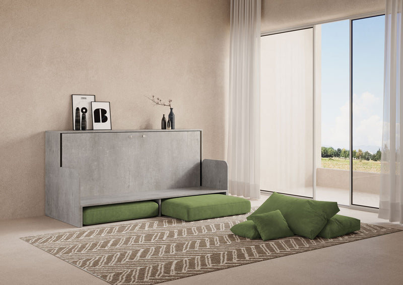 Letto Singolo A Scomparsa Kando Con Divano Con Materasso Cemento e Verde      