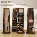 Specchio Portagioie 3 in 1 Girevole a 360° e Autoportante 55x55x161 cm in MDF Marrone Rustico  