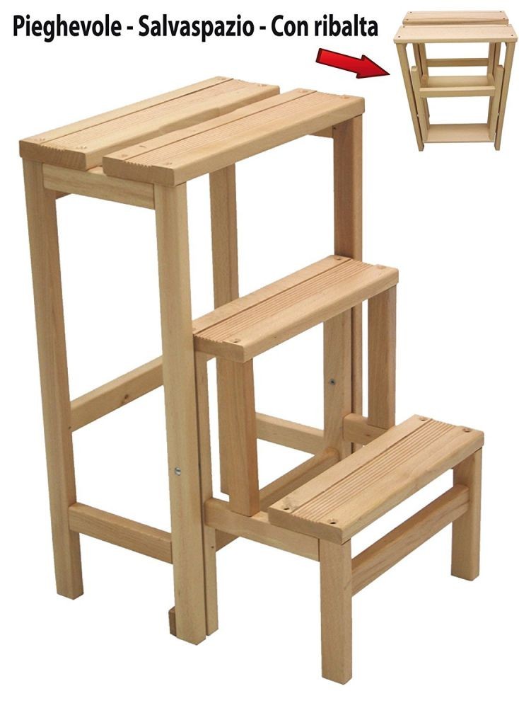 Sgabello scala ripieghevole a ribalta 37x23xh60 cm 3 gradini in legno