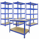 Set 3 Scaffali ad Incastro con Banco da lavoro da 120 cm Piani in MDF Struttura in Acciaio Blu