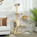 Albero Tiragraffi per Gatti 60x35x134 cm con Casetta Trespolo Piattaforme e 4 Topolini Appesi in Truciolato e Sisal Beige      