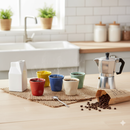 Set 6 Tazzine da caffè Accartocciati Multicolor con Lattiera Bianca in Gres Kaleidos