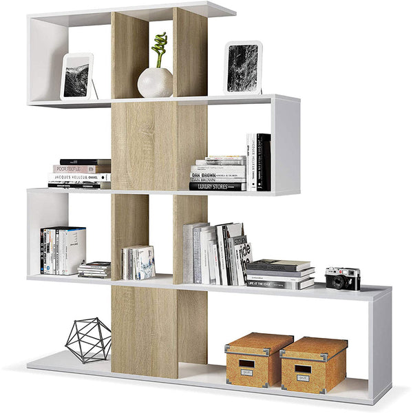 sconto Mobile a Scaffali Libreria 4 Livelli 145x145x29 cm in Legno Zig Zag Bianco e Rovere