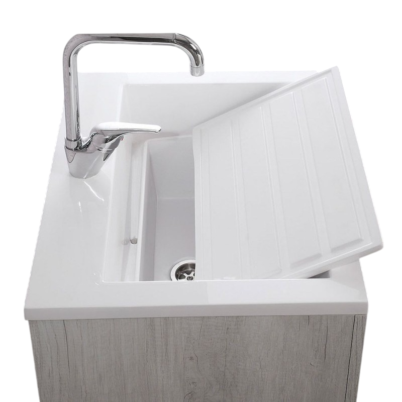 Mobile Lavatoio Sospeso Vasca Zeus in MineralMarmo Apertura a Cassettone 80x48x50 cm Olmo Scuro