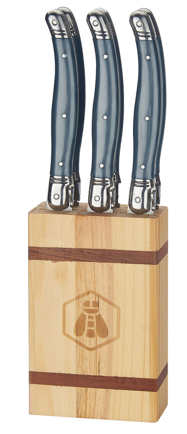 sconto Ceppo in Legno con 6 Coltelli da Bistecca Manico in Plastica