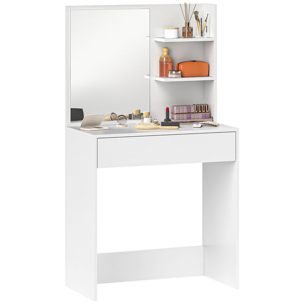 prezzo Consolle Trucco con Specchio 75x40x137 cm Ripiani e Cassetto in Legno e Vetro Bianco