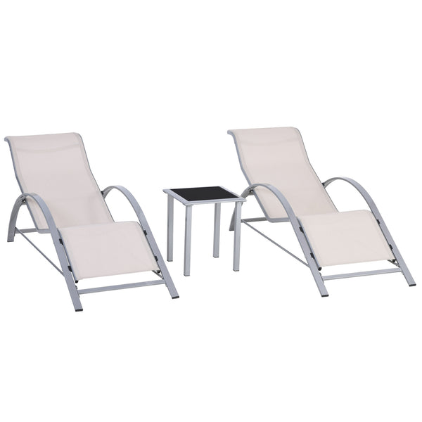 sconto Set di 2 Lettini Prendisole 59x169x66 cm e Tavolino con Piano in Vetro Crema