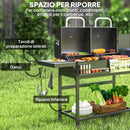 Barbecue a Carbone e Gas con 3 Bruciatori e Coperchio Termometro e Ruote Nero