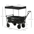 Carrello da Giardino 110L con Maniglia Telescopica e Tettuccio in Acciaio e Tessuto Oxford Nero