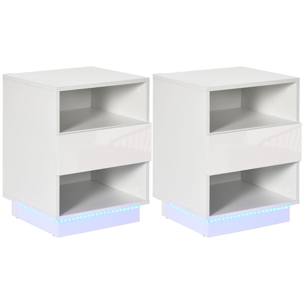 sconto Set 2 Comodini con LED 40x40x55 cm 2 Ripiani 1 Cassetto in Truciolato Bianco