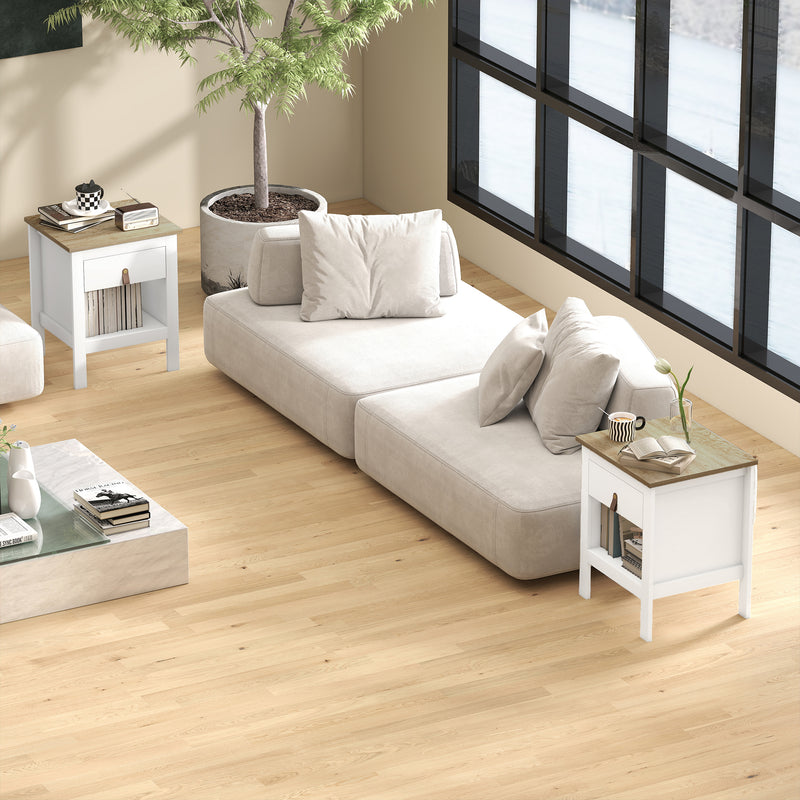Set 2 Comodini con Cassetto e Ripiano Aperto 45x40x55 cm in Legno Bianco e Rovere   