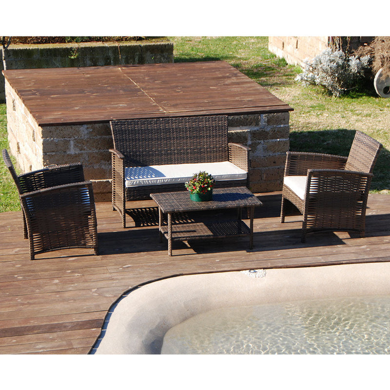 Set Salottino Polyrattan Color Caffe' Divano Poltrone Tavolino per Arredo Giardino Terrazzo