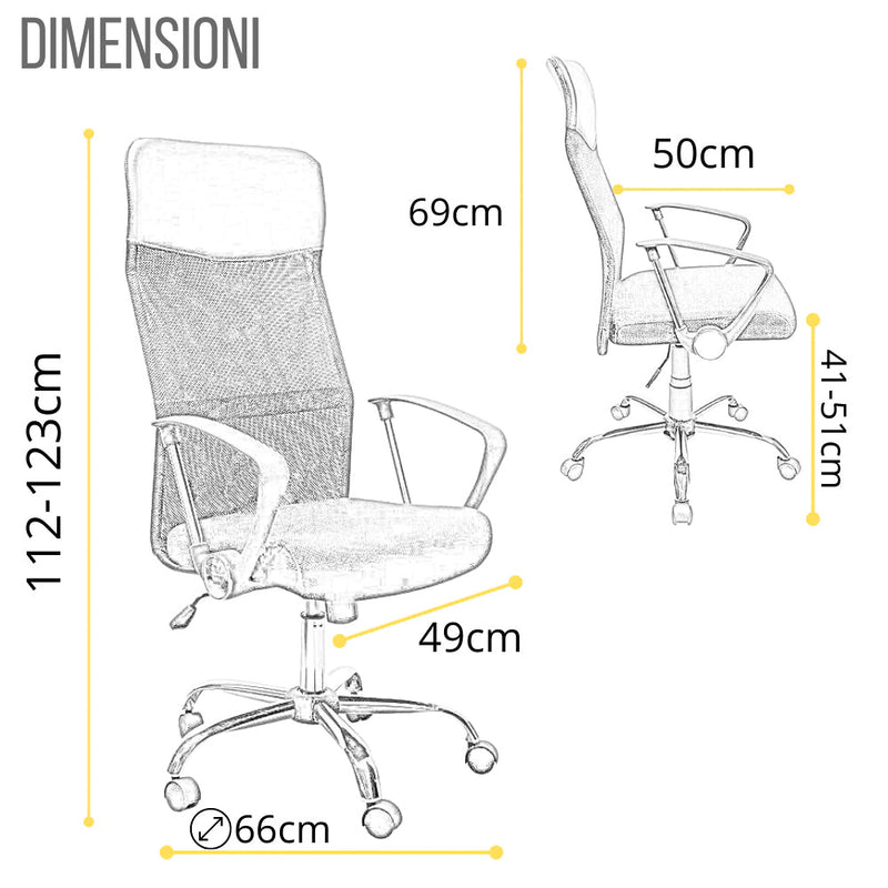 Sedia Direzionale da Ufficio 66x50x112/123 cm Ergonomica in Rete Mesh Nera