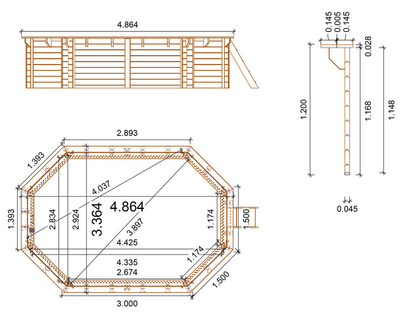 Piscina Ottagonale Fuori Terra 486x336x120 cm in Legno