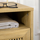 Comodino per Camera da Letto Stile Boho 39x35x60 cm con Armadietto e Ripiano Aperto in Legno e Rattan   