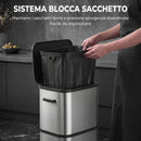 Pattumiera Rettangolare 60 L 42,5x28,5x66 cm con Coperchio Chiusura Ammortizzata e Fermasacco in Acciaio Inox Argento      