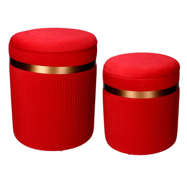 online Set 2 Pouf Contenitore Ø35 cm e Ø39 cm in Tessuto Velluto Rosso