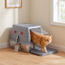 Lettiera Gatto Chiusa 3 in 1 Grande 49 L 58x37,5x39 cm con Coperchio Paletta Pedana e 2 Contenitori in Acciaio Inox Grigio      