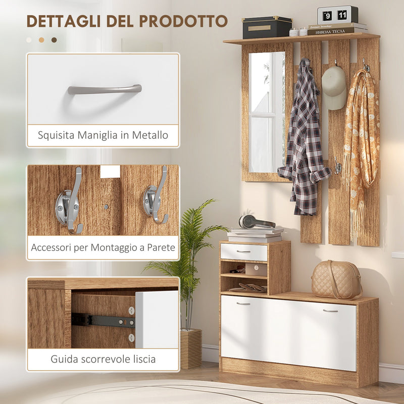 Appendiabiti Compatto Con Specchio E Panchina – 5 In 1: Specchio, Ripiano, Ganci, Seduta E Scarpiera, Bianco 90x34,5x190 Cm