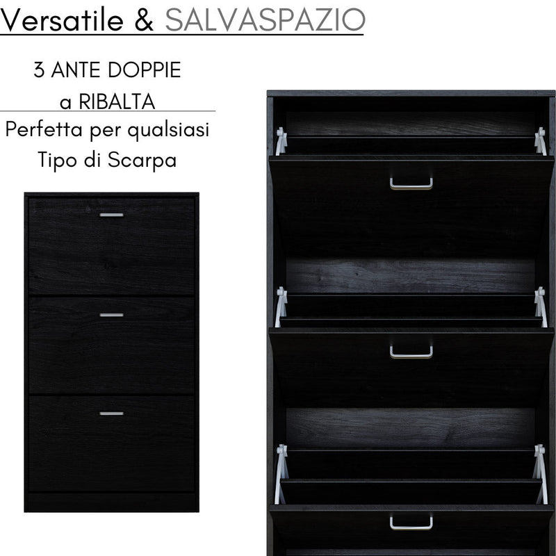 Scarpiera Salvaspazio 3 Ante a Ribalta 63x24x115 cm in Melaminico Venato a Rilievo Nero