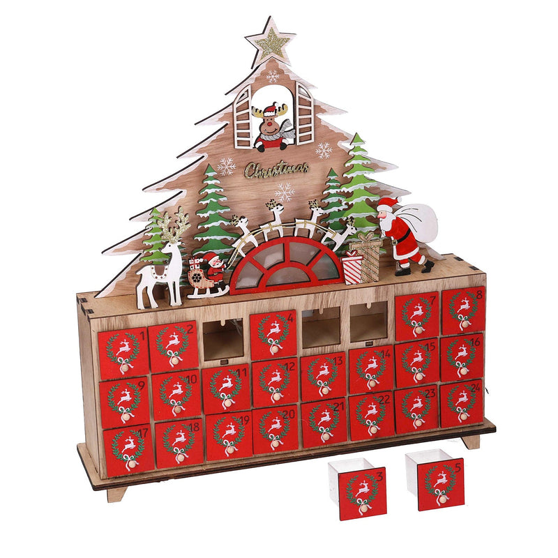 Calendario dell'Avvento in Legno con Led albero rosso cm 31x8xh34,5