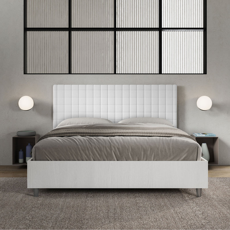 Letto Matrimoniale con Rete e Contenitore Alzata Comoda Struttura Bianco Frassico e Testata in Similpelle Burmy Bianco Varie Misure