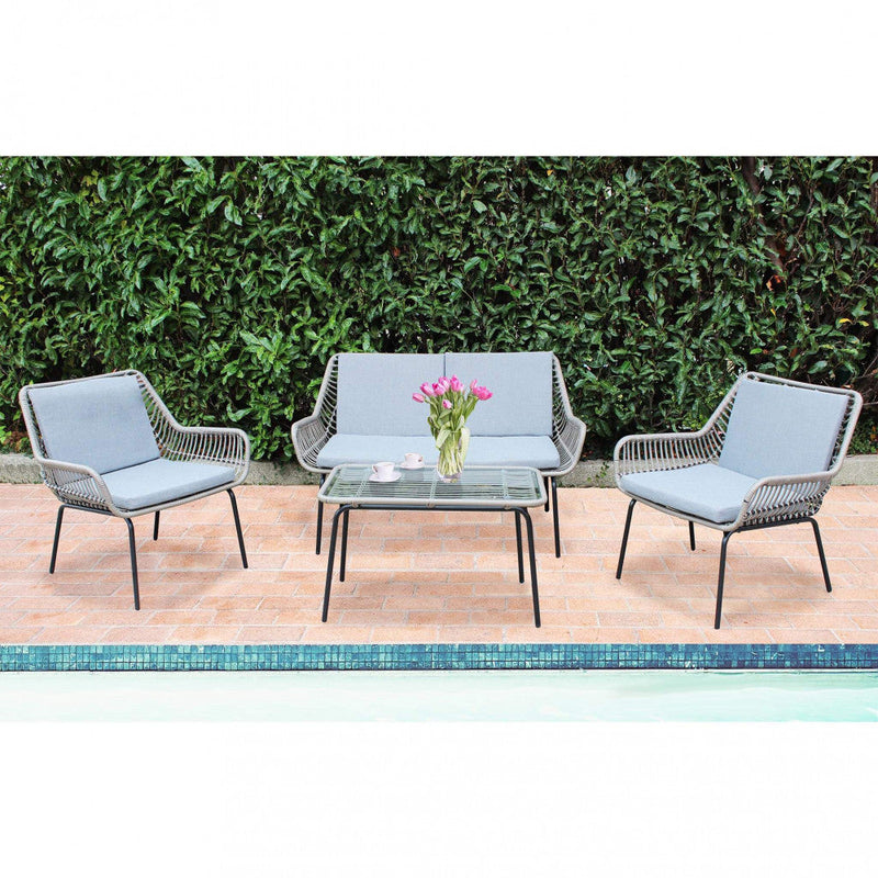 Set Salotto da Giardino Divano 2 Poltrone e Tavolino con Cuscini in Acciaio Grigio