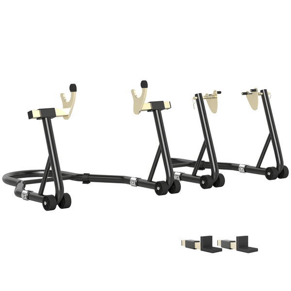 prezzo Set 2 Cavalletti Alzamoto Regolabili a Triangolo con Rotelle e Forcelle a U e L in Acciaio Nero