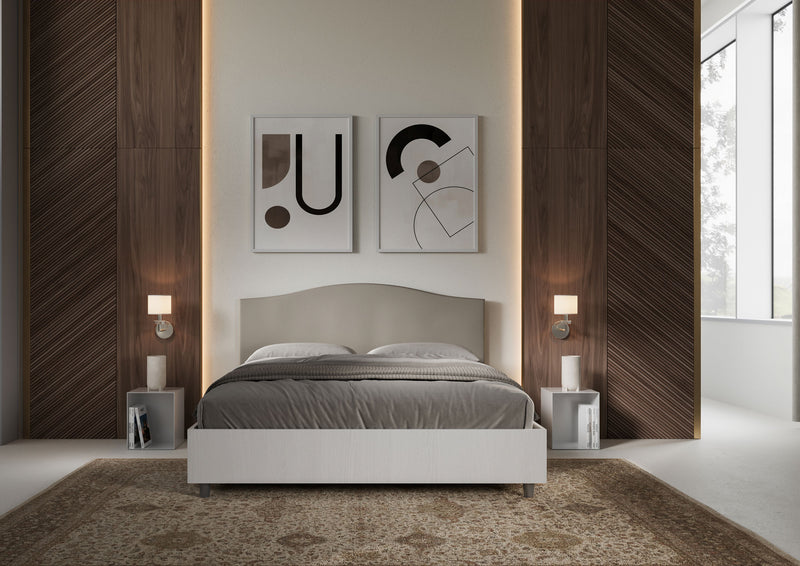 Letto Matrimoniale con Rete e Contenitore Alzata Comoda Struttura Bianco Frassico e Testata in Similpelle Grace Tortora Varie Misure