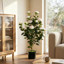 Pianta Finta di Camelia con Fiori Realistici 176 Foglie in PEVA e Vaso Nero in PP Riempito in Cemento Bianco      